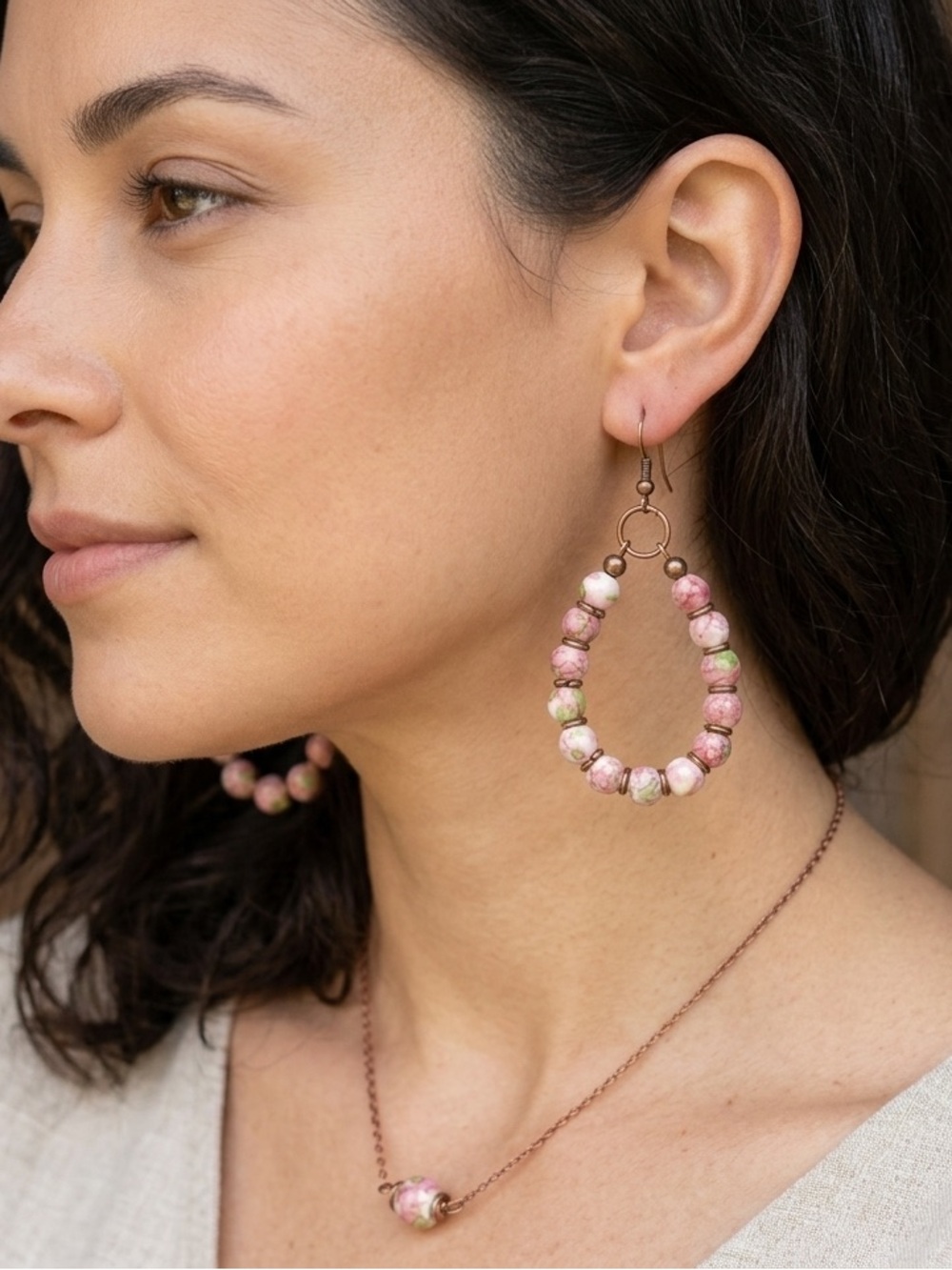 Pink & Light Green Beaded Teardrop Earrings - Women's Jewelry